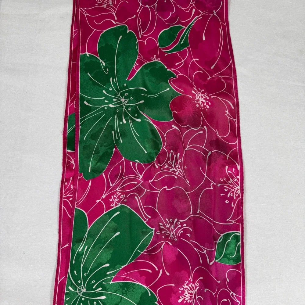 Ginnie Johnson Pink Hibiscus Floral Silk‎ Scarf Tropical Botanical Signed 61x11